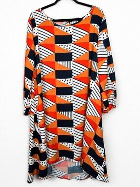 The Odells Geometric Mod Tunic Dress XL Orange Navy Midi Retro Balloon Sleeve